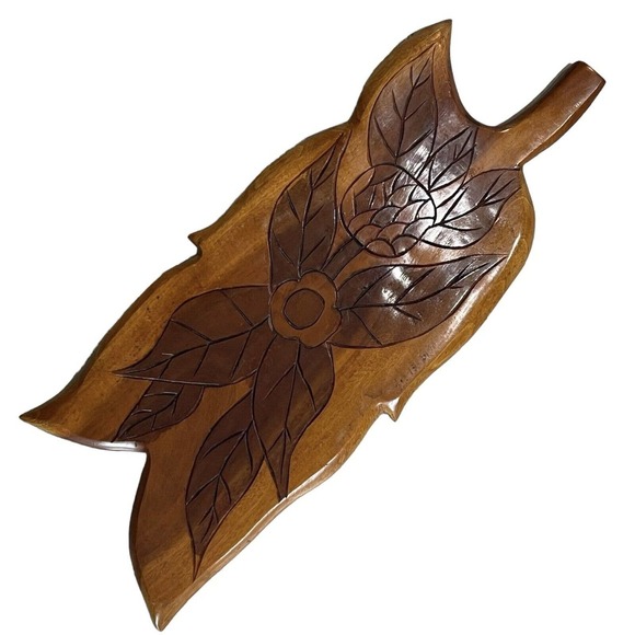 Vintage Monkey Pod Leaf Tiki Tray Wood Carved Mid Century Large Charcuterie Rare - Picture 2 of 2